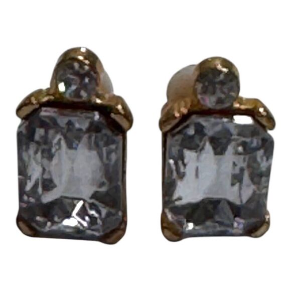 Vintage Gold-Tone Rectangular Crystal Stud Earrings Prom Formal Clear Gem Accent - Picture 3 of 5